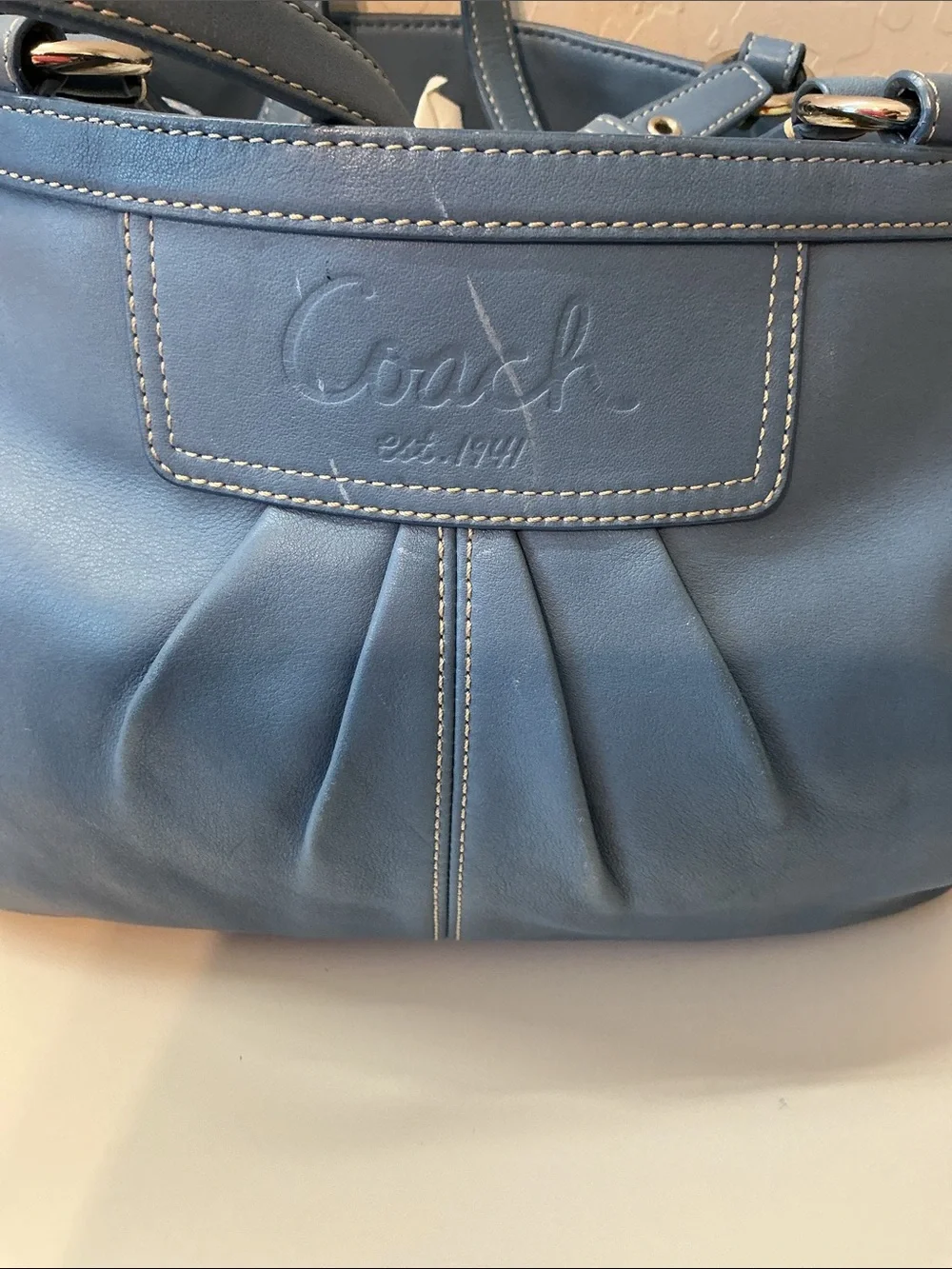 Coach East West Pleated Gallery Tote F13759 Blue Leather Shoulder Bag Y2K